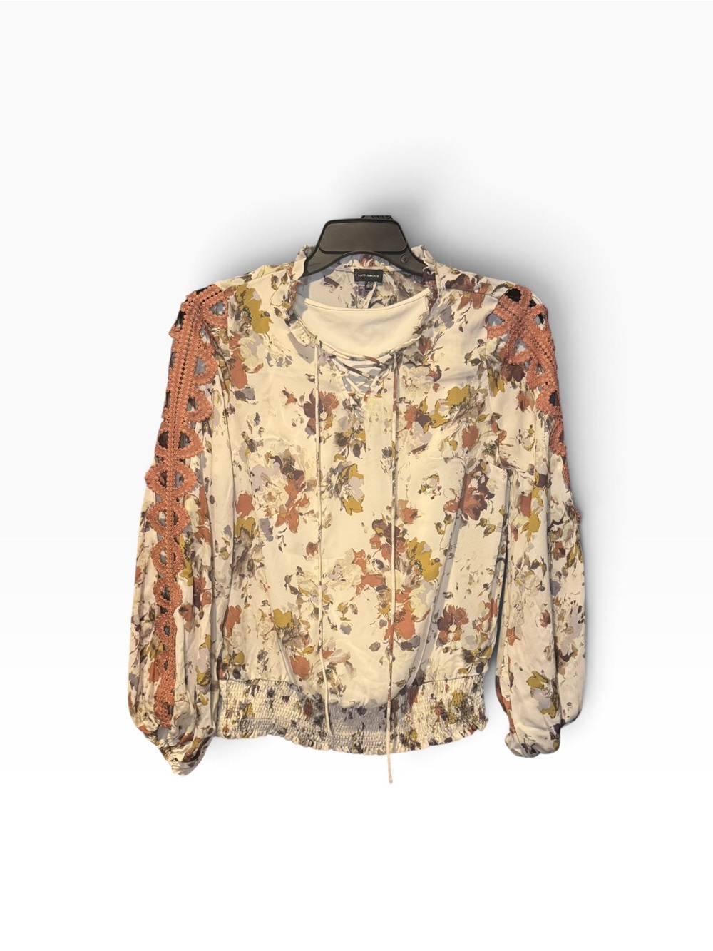 BKE Cream Floral Blouse with Rust Crochet Trim